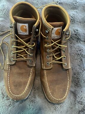 Carhartt Brown Leather Moc Toe Work Boots with Yellow Laces